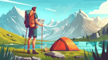 Foto auf Acrylglas Cartoon landscape with young camping hiker man near hills with backpack and map in hand. Young tourist stands by lake at foot of mountains with snowy peaks. © Mark