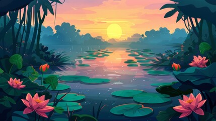 Water lilies on lake surface shadowed by jungle trees and plants in a swamp with lotus flowers at sunset. Modern illustration of beautiful scenery. - obrazy, fototapety, plakaty