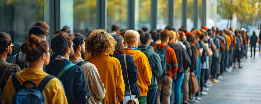 Line of people waiting to register at a conference. Concept Conference Registration, Waiting in Line, Event Management, Networking Opportunities