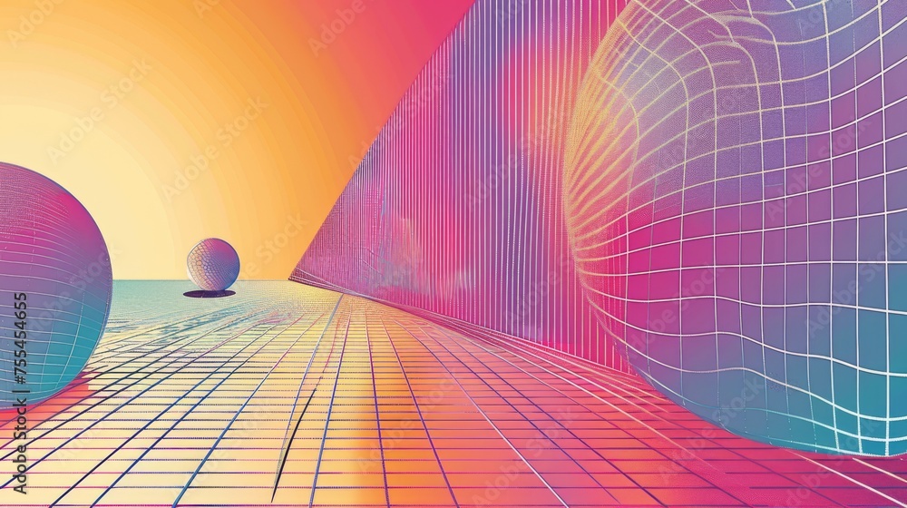 Poster poster and banner template with perspective grid surface and ball on gradient background. modern set