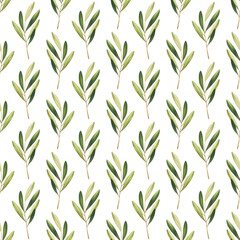 Floral seamless pattern with green leaves on white background.