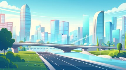 A viaduct bridge spanning a river leads to a modern city with multifloor buildings. Cartoon modern illustration of a city landscape with highways and skyscrapers in the downtown area. - obrazy, fototapety, plakaty