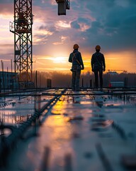 Civil engineers supervising the construction of the building on the new upper roof. In the background cranes at sunset - obrazy, fototapety, plakaty
