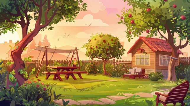 Under a pink sky, an evening landscape depicts a country home backyard with furniture at sunset or sunrise. Cartoon scene with fruit trees, a swing with canopy, a wooden table with chairs, and a