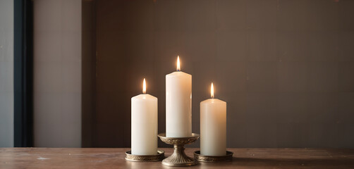 Candles trinity with flame - obrazy, fototapety, plakaty