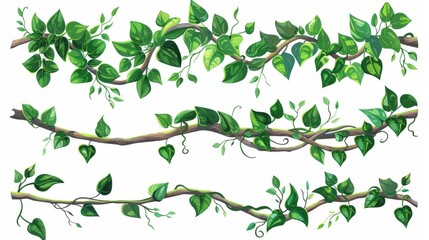 A set of liana branch frames with green leaves in white background. Modern illustration of twisted jungle plants with foliage, game borders for user interface designs, exotic tropical gardens. - obrazy, fototapety, plakaty