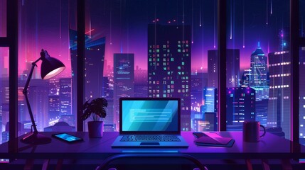 In this cartoon modern modern downtown scene from an apartment, we can see a neon glow in the night sky and a skyscraper in the distance, with a laptop, mobile phone, and desk lamp on the windowsill.