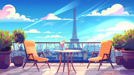 This cartoon illustration illustrates an Eiffel tower view from a rooftop patio or balcony with a cocktail in a glass on the table and a couple of chairs. This is an illustration of a romantic - obrazy, fototapety, plakaty