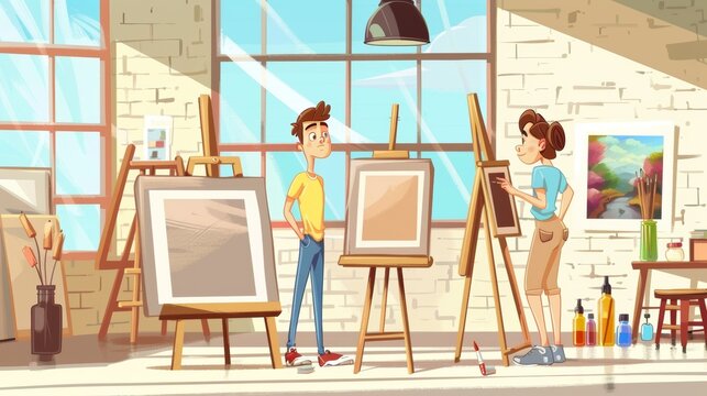 Student drawing pictures in the studio. Modern cartoon illustration of happy teen boy and girl painting on canvas, a light room with a large window, sculptures, artworks on the wall, bottles on the