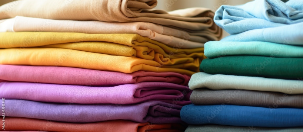 Aufkleber a neat stack of folded towels in various colors placed on top of a wooden table. the towels are neat