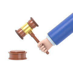 Transparent Backgrounds Mock-up. Justice. Hand holding judges gavel. 3D illustration flat style design. Symbol of law. Businessman in a suit holds an auction.Supports PNG files with transparent backgr