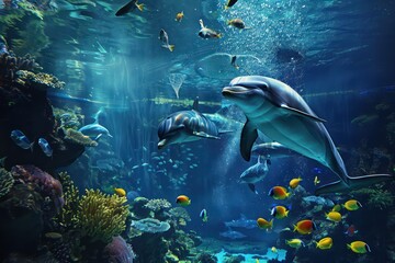 Fototapeta na wymiar 3d wallpaper tropical sea dolphin underwater underwater aquarium background