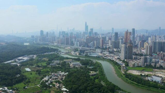 Landscape town background. Beautiful cityscape and skyline with river and skyscrapers. Shenzhen, China 