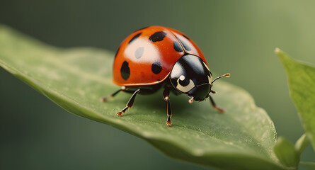 Fototapeta premium A close-up of a ladybug crawling on a leaf, symbolizing the return of beneficial insects in spring gardens. ai generative