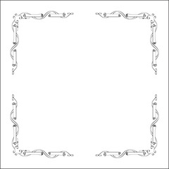 Elegant black and white ornamental frame with scrolls, decorative border, corners for greeting cards, banners, business cards, invitations, menus. Isolated vector illustration.	