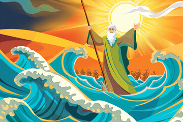 Jewish exodus biblical story cartoon illustration - Moses parting the Red Sea for the Israelites to cross, the sea opens into two big waves forming a passage - obrazy, fototapety, plakaty