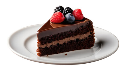 chocolate cake slice with delicious glaze and berries isolated on white background