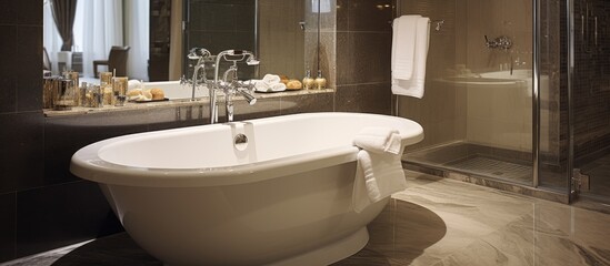 A small bathtub and sink are the main features of this bathroom in a hotel. The bathtub is white, while the sink has a chrome faucet and a mirror above it.