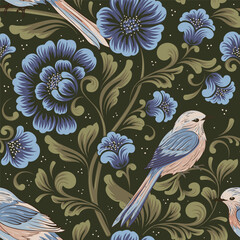 Plakaty  Vector flower seamless pattern background with birds. Elegant texture for backgrounds. Classical luxury old fashioned floral ornament, seamless texture for wallpapers, textile, wrapping