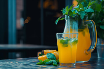 an orange juice is on a table next to a pitcher of mint - obrazy, fototapety, plakaty