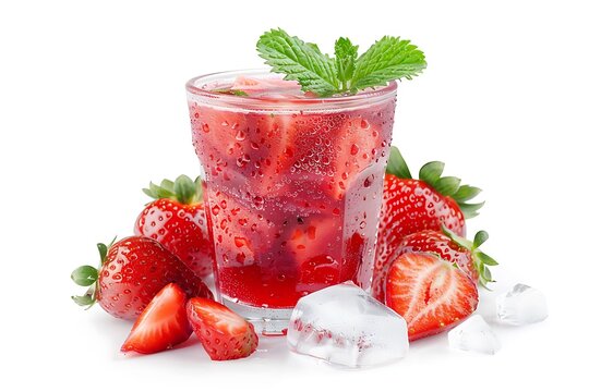 Strawberry fruit juice, leaf min, and ice isolated on a white background.