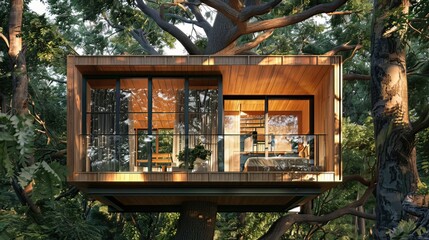 Modern Treetop Getaway:  A sleek treehouse seamlessly blending contemporary design with nature, featuring large windows and minimalist allure.