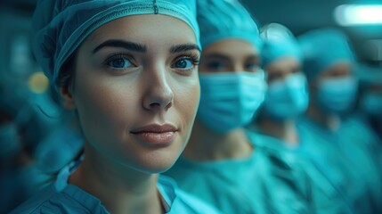 Female surgeon with a serene expression leads a team of medical professionals in the operating room - obrazy, fototapety, plakaty