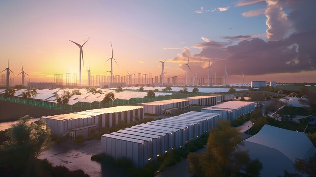Showcases a dynamic, efficient renewable energy landscape,homes and businesses operate seamlessly with clean energy. Generative AI