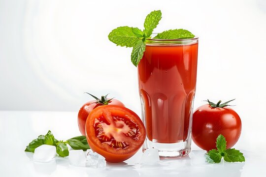 Tomato fruit juice, leaf min, and ice isolated on a white background.