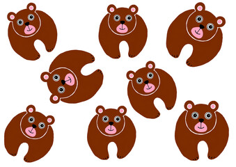 Set of stylized illustrations of bears. Randomly arranged on white background. The animals have rounded shape, look at the face and smile. Brown color. Pink and black face details. Printmaking style.