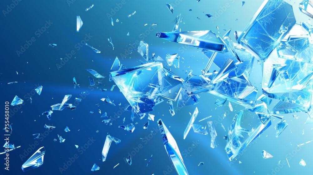 Poster an exploding glass surface with sharp pieces of crushed blue crystal. a realistic modern illustratio