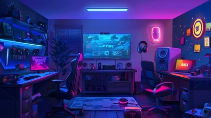 Playing video games and streaming at night in a cartoon dark house with a big TV, a console with a gamepad, and a neon joystick sign inside. - obrazy, fototapety, plakaty