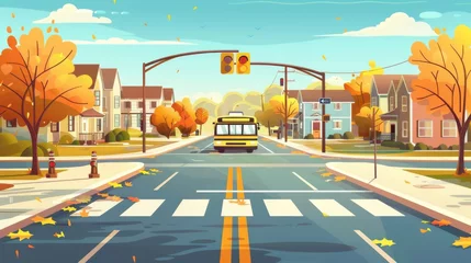Foto auf Glas During autumn, a school bus rides along a suburban street with a crosswalk, traffic light, pedestrian sidewalk, and houses with trees. A cartoon scene portrays a country fall season cityscape with © Mark