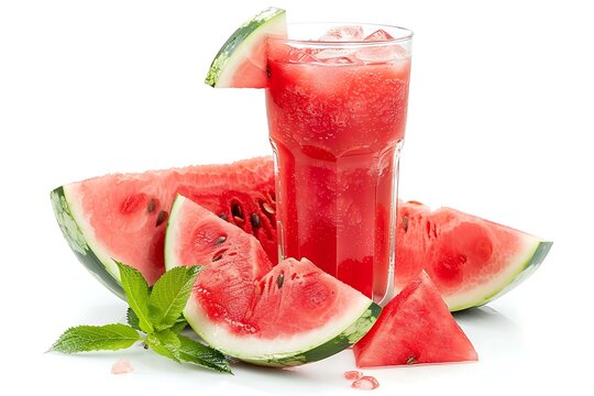 Watermelon fruit juice, leaf min, and ice isolated on a white background.