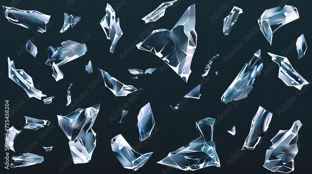 Poster a set of broken glass or ice fragments isolated on a transparent background. modern realistic illust