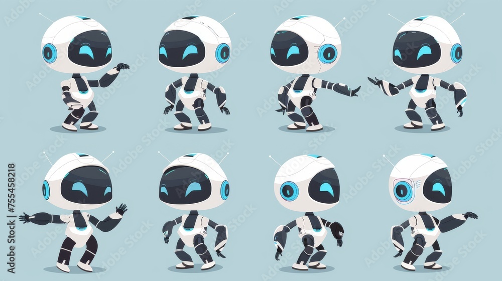 Poster a cute robot cartoon character with different poses and emotions. modern illustration set of a robot