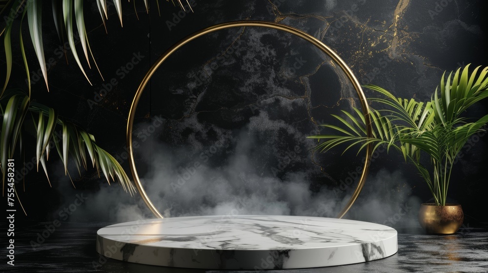 Poster an empty display platform mockup with a hexagon marble stone product podium with a golden circle fra