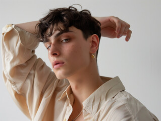 A photo of a minimal modern fashion shoot with young Spanish men, featuring an oversized beige shirt and large gold earrings, in muted earthy colors, with creative editorial photography.