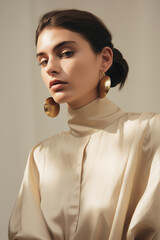 A photo of a minimal modern fashion shoot with young Spanish women, featuring an oversized beige shirt and large gold earrings, in muted earthy colors, with creative editorial photography. 