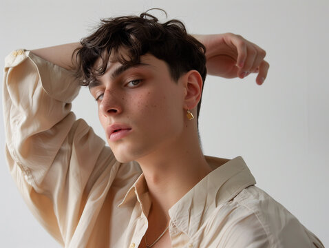 A photo of a minimal modern fashion shoot with young Spanish men, featuring an oversized beige shirt and large gold earrings, in muted earthy colors, with creative editorial photography.