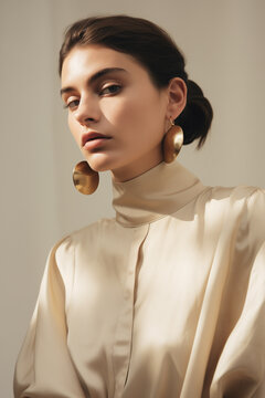 A photo of a minimal modern fashion shoot with young Spanish women, featuring an oversized beige shirt and large gold earrings, in muted earthy colors, with creative editorial photography. 