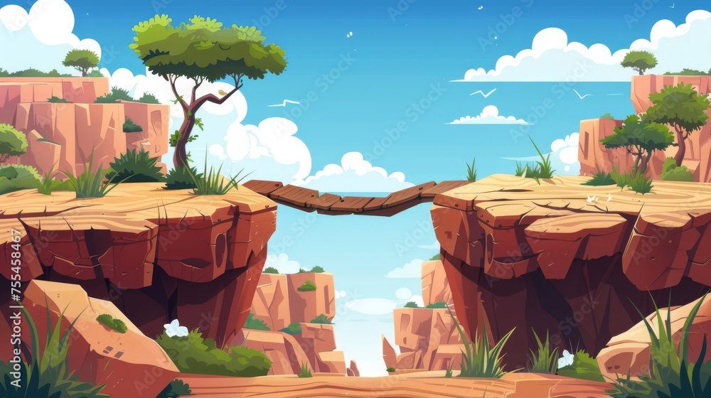 Poster this is a cartoon modern adventure game interface scenery of a high dangerous chasm with cliff edges