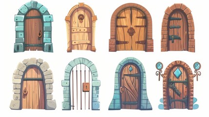 Set of old wooden doors isolated on white background. Illustration of medieval building element. Stone or brick arch doorway with locked gates, iron doorknobs, ancient architecture concept. - obrazy, fototapety, plakaty
