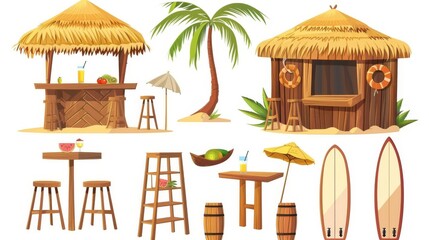 Cartoon modern illustration of a summer sea sand shore cafe with cocktails and fruits. Tropical Hawaiian wooden and bamboo shack with thatch or straw roof. - obrazy, fototapety, plakaty