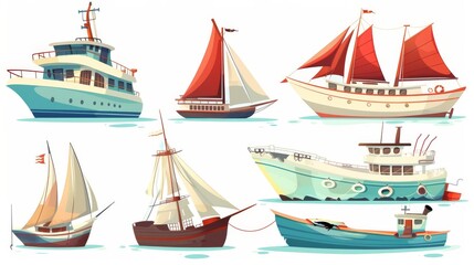 Ships isolated on a dark background. Illustration of a tourist cruise ship, a vintage sailboat with red sails, a fishing boat sunken after a shipwreck, and a collection of water transportation