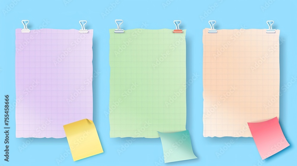 Poster an isolated set of paper notes on a background with color sticky tape, reminder message, to-do list,