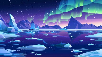 Landscape of the north pole with aurora borealis. Modern cartoon illustration of winter seascape with ice chunks floating on cold water surface, snowy mountains on horizon, northern lights in starry
