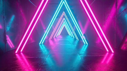 Fototapeta premium Abstract neon light background with pink-blue triangle tunnel, laser lines, LED glow, Ai Generated.