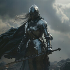 Lady knight in armor and sword in hand - obrazy, fototapety, plakaty
