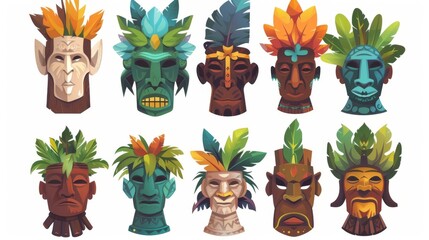 A collection of cartoon tiki masks featuring Hawaiian tribal totem heads decorated with leaves and feathers. A collection of modern illustrations showing traditional African or Polynesian wooden - obrazy, fototapety, plakaty